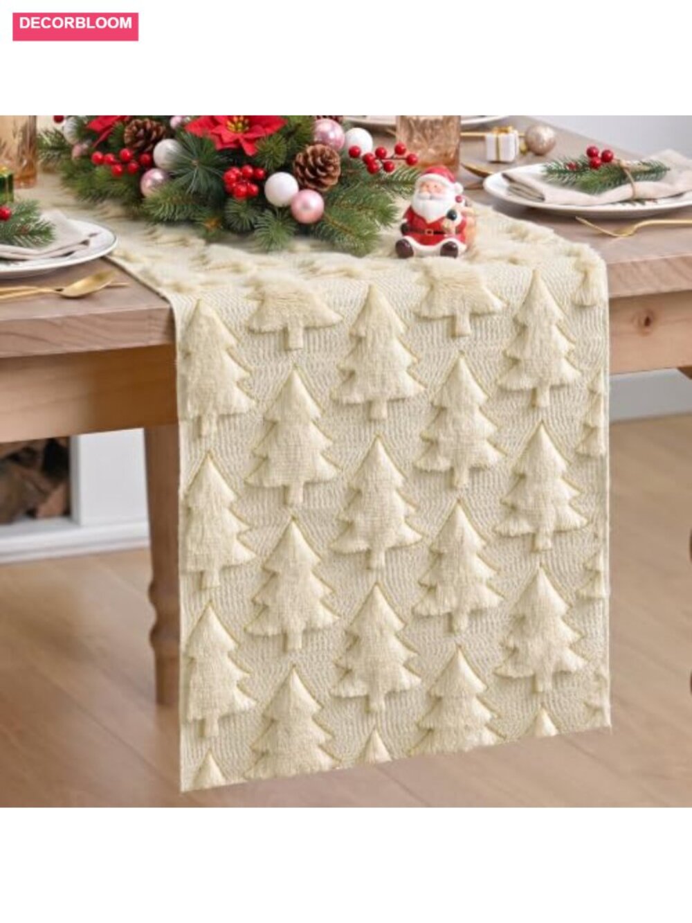 Plush Faux Fur Christmas Tree Embroidered Table Runner 13x72 Holiday Dining